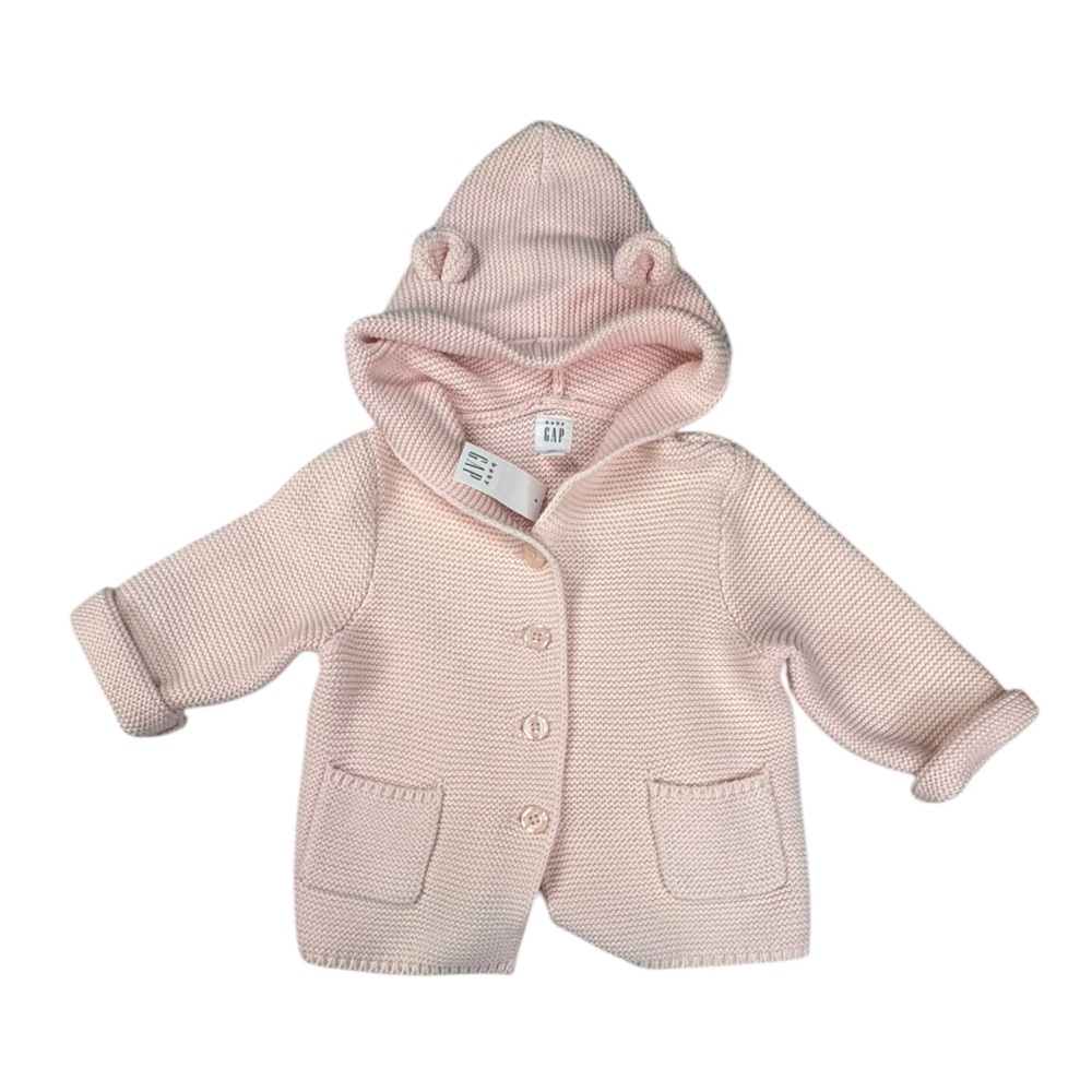 Baby GAP Knit Hoodie Sweater Jacket 12-18 Months | Pink Bear Ear Hood Baby Girl